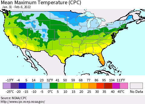 United States Mean Maximum Temperature (CPC) Thematic Map For 1/31/2022 - 2/6/2022