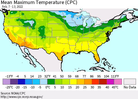 United States Mean Maximum Temperature (CPC) Thematic Map For 2/7/2022 - 2/13/2022