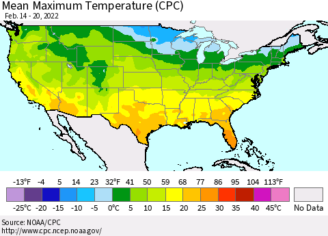 United States Mean Maximum Temperature (CPC) Thematic Map For 2/14/2022 - 2/20/2022
