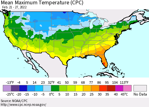 United States Mean Maximum Temperature (CPC) Thematic Map For 2/21/2022 - 2/27/2022