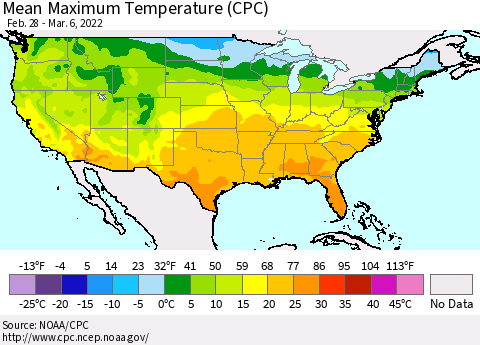 United States Mean Maximum Temperature (CPC) Thematic Map For 2/28/2022 - 3/6/2022