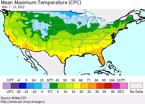 United States Maximum Temperature (CPC) Thematic Map For 3/7/2022 - 3/13/2022