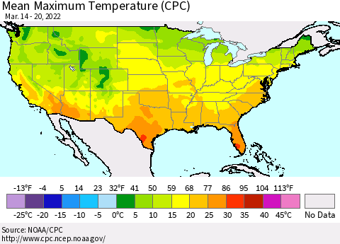 United States Maximum Temperature (CPC) Thematic Map For 3/14/2022 - 3/20/2022