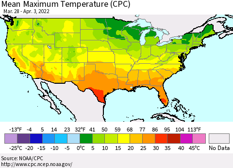 United States Mean Maximum Temperature (CPC) Thematic Map For 3/28/2022 - 4/3/2022