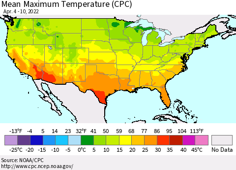 United States Maximum Temperature (CPC) Thematic Map For 4/4/2022 - 4/10/2022
