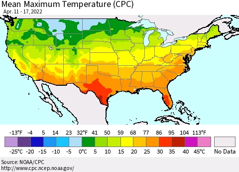 United States Maximum Temperature (CPC) Thematic Map For 4/11/2022 - 4/17/2022