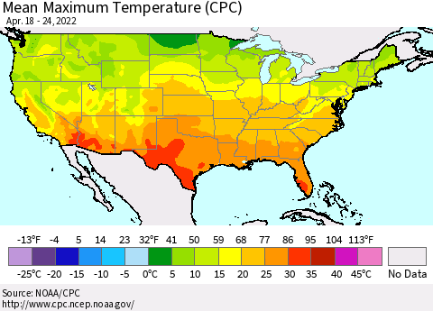 United States Mean Maximum Temperature (CPC) Thematic Map For 4/18/2022 - 4/24/2022