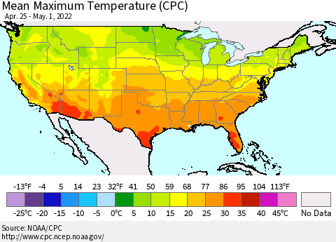 United States Mean Maximum Temperature (CPC) Thematic Map For 4/25/2022 - 5/1/2022