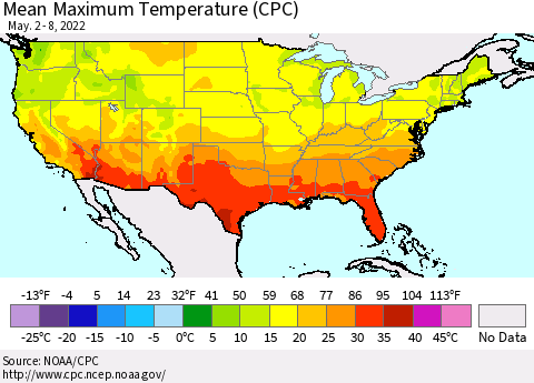 United States Mean Maximum Temperature (CPC) Thematic Map For 5/2/2022 - 5/8/2022