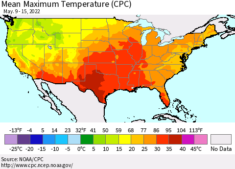 United States Maximum Temperature (CPC) Thematic Map For 5/9/2022 - 5/15/2022