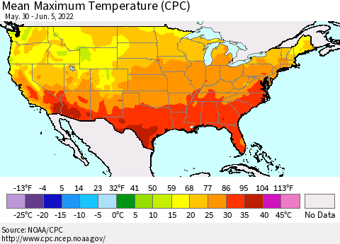 United States Maximum Temperature (CPC) Thematic Map For 5/30/2022 - 6/5/2022