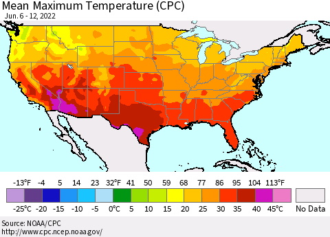 United States Maximum Temperature (CPC) Thematic Map For 6/6/2022 - 6/12/2022
