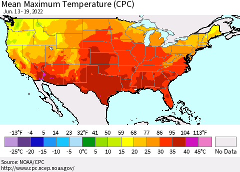 United States Maximum Temperature (CPC) Thematic Map For 6/13/2022 - 6/19/2022