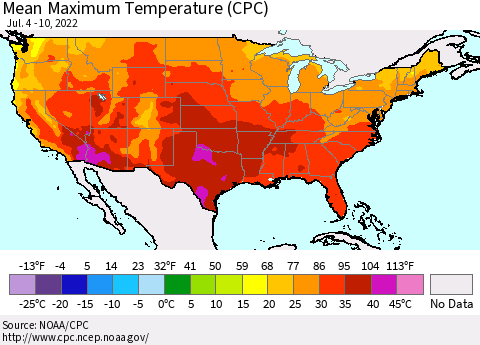 United States Maximum Temperature (CPC) Thematic Map For 7/4/2022 - 7/10/2022
