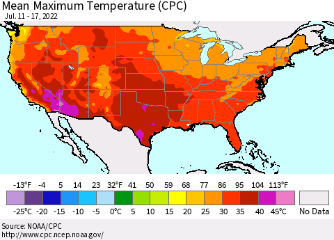 United States Maximum Temperature (CPC) Thematic Map For 7/11/2022 - 7/17/2022