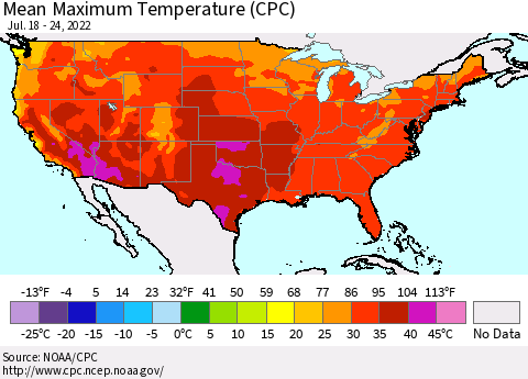 United States Maximum Temperature (CPC) Thematic Map For 7/18/2022 - 7/24/2022
