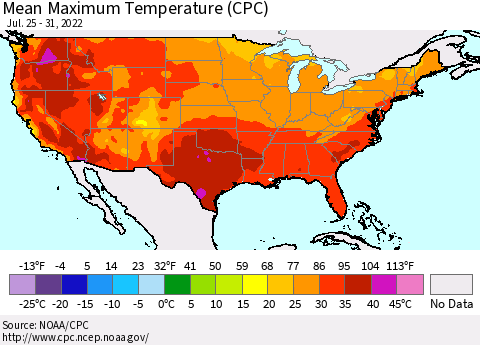United States Maximum Temperature (CPC) Thematic Map For 7/25/2022 - 7/31/2022