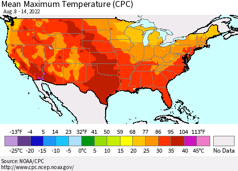 United States Mean Maximum Temperature (CPC) Thematic Map For 8/8/2022 - 8/14/2022