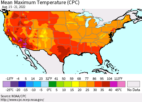 United States Mean Maximum Temperature (CPC) Thematic Map For 8/15/2022 - 8/21/2022