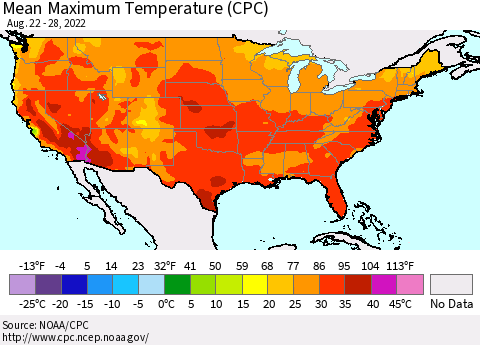 United States Mean Maximum Temperature (CPC) Thematic Map For 8/22/2022 - 8/28/2022
