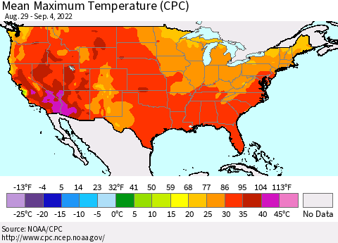 United States Mean Maximum Temperature (CPC) Thematic Map For 8/29/2022 - 9/4/2022