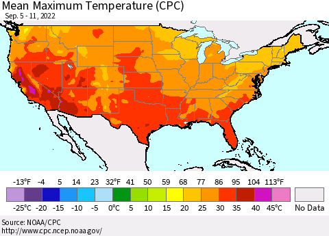 United States Mean Maximum Temperature (CPC) Thematic Map For 9/5/2022 - 9/11/2022