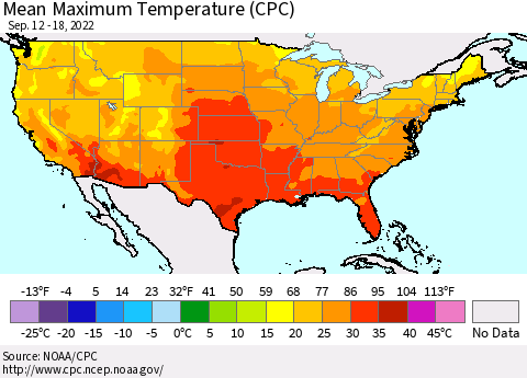 United States Mean Maximum Temperature (CPC) Thematic Map For 9/12/2022 - 9/18/2022