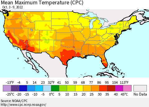 United States Mean Maximum Temperature (CPC) Thematic Map For 10/3/2022 - 10/9/2022