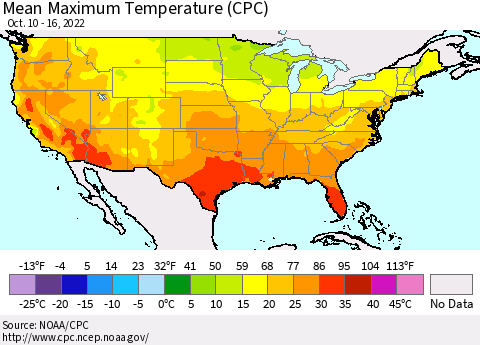 United States Mean Maximum Temperature (CPC) Thematic Map For 10/10/2022 - 10/16/2022