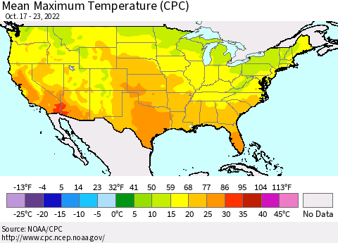 United States Mean Maximum Temperature (CPC) Thematic Map For 10/17/2022 - 10/23/2022
