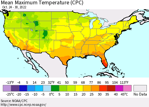 United States Mean Maximum Temperature (CPC) Thematic Map For 10/24/2022 - 10/30/2022