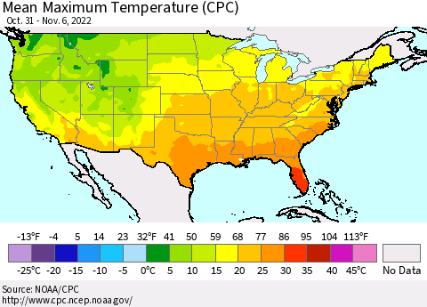 United States Mean Maximum Temperature (CPC) Thematic Map For 10/31/2022 - 11/6/2022