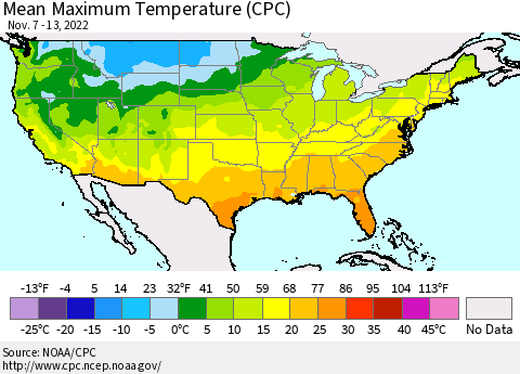 United States Mean Maximum Temperature (CPC) Thematic Map For 11/7/2022 - 11/13/2022