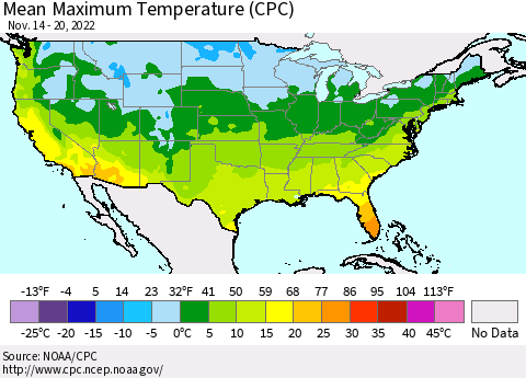 United States Mean Maximum Temperature (CPC) Thematic Map For 11/14/2022 - 11/20/2022