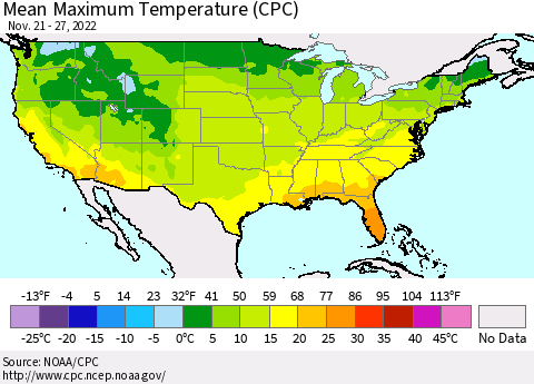 United States Mean Maximum Temperature (CPC) Thematic Map For 11/21/2022 - 11/27/2022