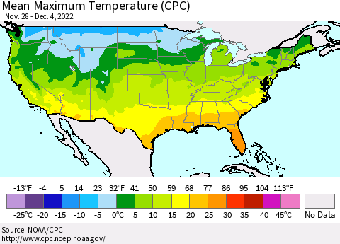 United States Mean Maximum Temperature (CPC) Thematic Map For 11/28/2022 - 12/4/2022