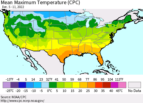 United States Mean Maximum Temperature (CPC) Thematic Map For 12/5/2022 - 12/11/2022
