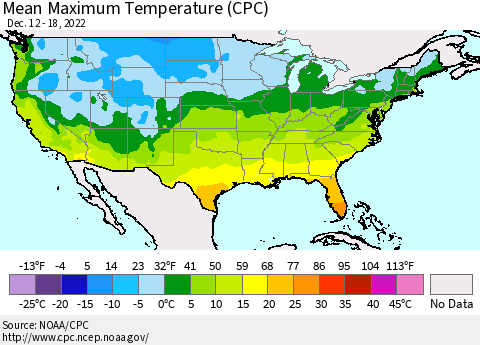 United States Mean Maximum Temperature (CPC) Thematic Map For 12/12/2022 - 12/18/2022