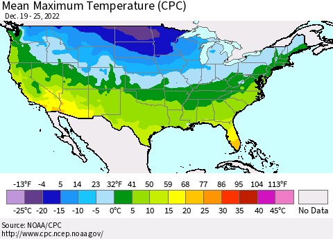United States Mean Maximum Temperature (CPC) Thematic Map For 12/19/2022 - 12/25/2022