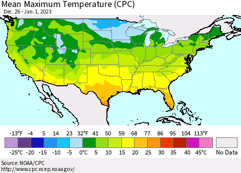 United States Mean Maximum Temperature (CPC) Thematic Map For 12/26/2022 - 1/1/2023