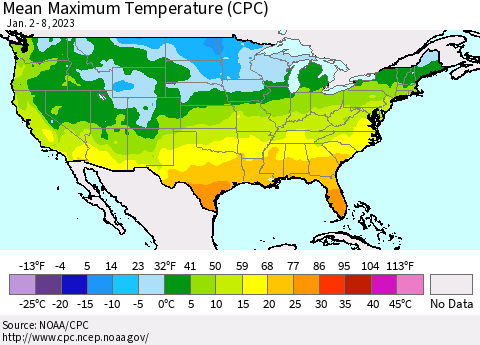 United States Mean Maximum Temperature (CPC) Thematic Map For 1/2/2023 - 1/8/2023