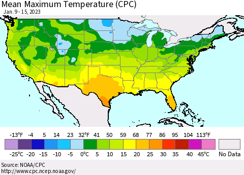 United States Mean Maximum Temperature (CPC) Thematic Map For 1/9/2023 - 1/15/2023