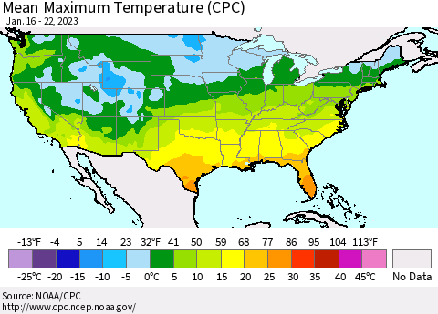United States Mean Maximum Temperature (CPC) Thematic Map For 1/16/2023 - 1/22/2023