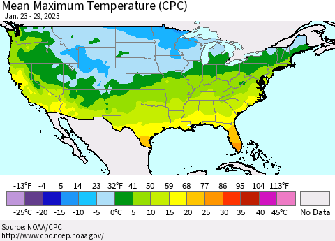 United States Mean Maximum Temperature (CPC) Thematic Map For 1/23/2023 - 1/29/2023