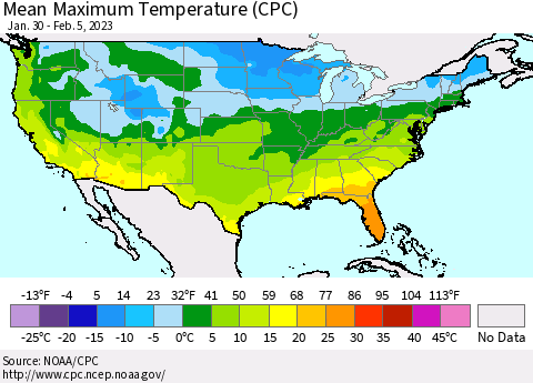 United States Mean Maximum Temperature (CPC) Thematic Map For 1/30/2023 - 2/5/2023