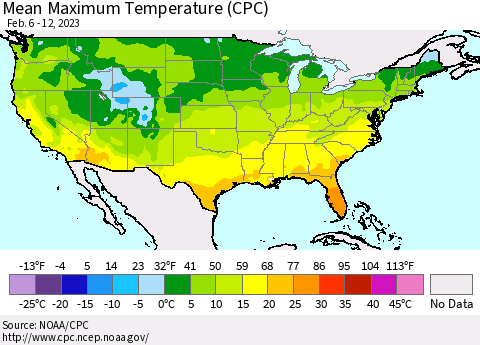United States Mean Maximum Temperature (CPC) Thematic Map For 2/6/2023 - 2/12/2023