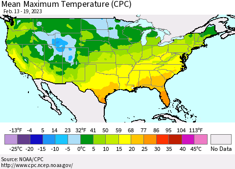 United States Mean Maximum Temperature (CPC) Thematic Map For 2/13/2023 - 2/19/2023