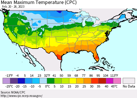 United States Mean Maximum Temperature (CPC) Thematic Map For 2/20/2023 - 2/26/2023