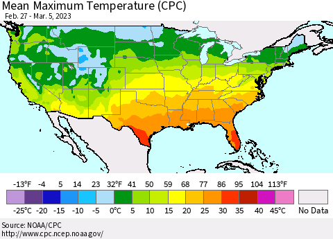 United States Mean Maximum Temperature (CPC) Thematic Map For 2/27/2023 - 3/5/2023