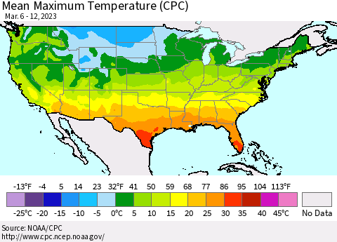 United States Mean Maximum Temperature (CPC) Thematic Map For 3/6/2023 - 3/12/2023